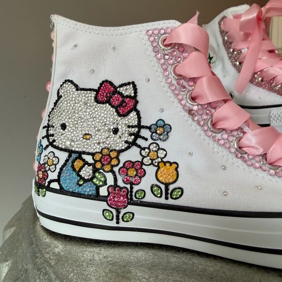 Converse - Hello Kitty White and Pink Bedazzled High-Top Sneakers - Picture 6 of 16